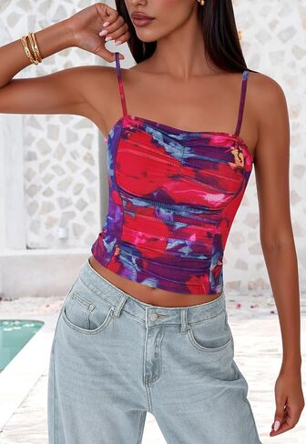 PRETTYGARDEN قطع علوية نسائية بحزام سباغيتي مزهّر ورقبة مربعة بدون أكمام شبكية مكشكشة ملابس ضيقة مثيرة Y2K in Kuwait