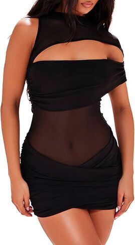 Women Sexy Hollow Out Mesh Mini Dress See Through Double Layer Tight Ruched Night Club Party Dress in Saudi Arabia