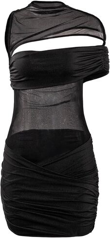 Women Sexy Hollow Out Mesh Mini Dress See Through Double Layer Tight Ruched Night Club Party Dress in Saudi Arabia