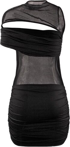 Women Sexy Hollow Out Mesh Mini Dress See Through Double Layer Tight Ruched Night Club Party Dress in Saudi Arabia