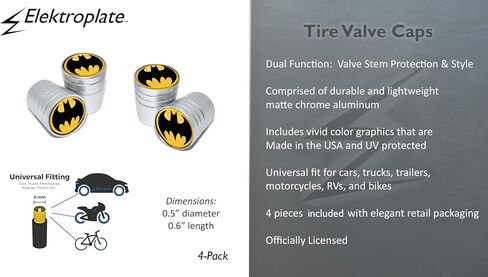 Elektroplate Officially Licensed DC Comics Batman Black Knurling Aluminum Superhero Tire Valve Stem Caps | Universal Fit for Cars, Bikes, Trucks, RVs, Motorcycles, Trailers (Pack of 4) in Saudi Arabia