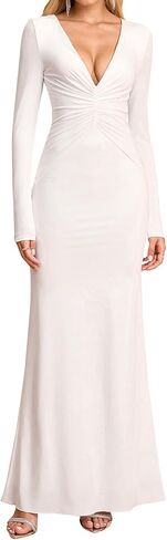 فستان طويل بأكمام طويلة ورقبة على شكل V فستان طويل مكشكش مثير بدون ظهر وربطة عنق لحفلات الزفاف فساتين الخريف الرسمية للنساء in Kuwait