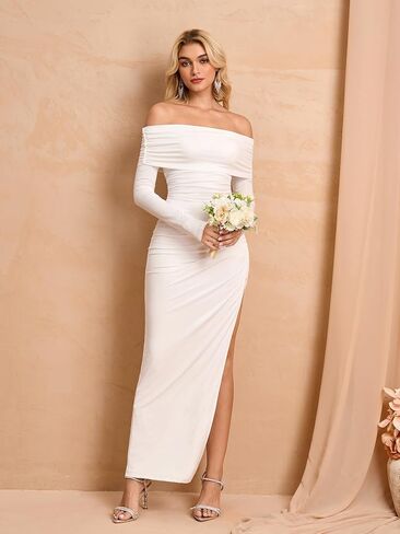 EYNMIN Off Shoulder Long Sleeve Maxi Dress Ruched Bodycon Slit Elegant Formal Fall Wedding Guest Dresses for Women in Saudi Arabia
