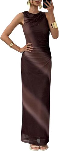 Women's Tie Dye Mesh Tank Dresses Mock Neck Elegant Ruched Sleeveless Fitted Maxi Dress in Saudi Arabia