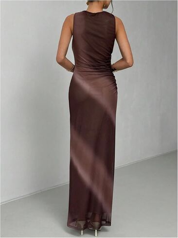 Women's Tie Dye Mesh Tank Dresses Mock Neck Elegant Ruched Sleeveless Fitted Maxi Dress in Saudi Arabia