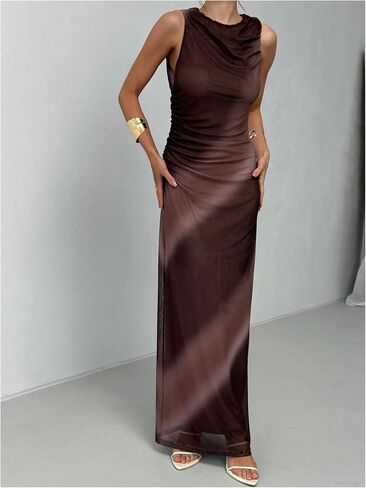 Women's Tie Dye Mesh Tank Dresses Mock Neck Elegant Ruched Sleeveless Fitted Maxi Dress in Saudi Arabia