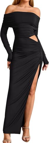EYNMIN Off Shoulder Long Sleeve Maxi Dress Ruched Bodycon Slit Elegant Formal Fall Wedding Guest Dresses for Women in Kuwait