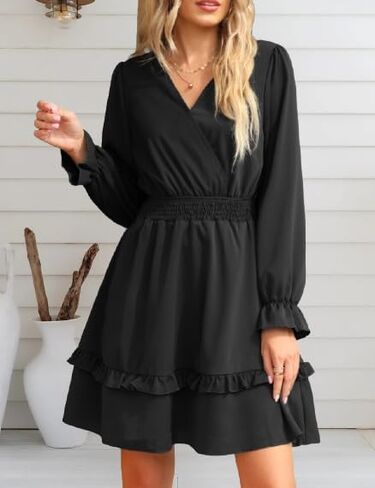 Womens Long Sleeve Midi Dress Casual Ruffle Fashion V Neck High Waist A Line Flowy Boho Short Fall Dresses for Wedding Guest in Saudi Arabia