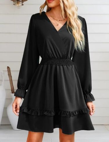 Womens Long Sleeve Midi Dress Casual Ruffle Fashion V Neck High Waist A Line Flowy Boho Short Fall Dresses for Wedding Guest in Saudi Arabia