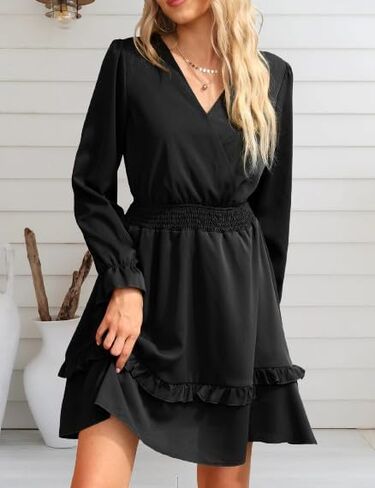 Womens Long Sleeve Midi Dress Casual Ruffle Fashion V Neck High Waist A Line Flowy Boho Short Fall Dresses for Wedding Guest in Saudi Arabia