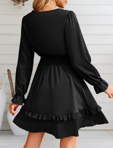 Womens Long Sleeve Midi Dress Casual Ruffle Fashion V Neck High Waist A Line Flowy Boho Short Fall Dresses for Wedding Guest in Saudi Arabia