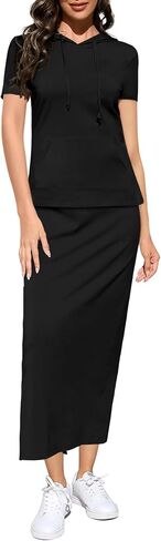 BeautyNee Women's 2 Piece Outfits Casual Short Sleeve Pullover Hoodie Tops Midi Skirts Tracksuit Sweatshirt Lounge Set Pocket in Saudi Arabia
