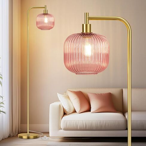 QiMH Glass Floor Lamp for Living Room, Modern Standing Lamp with Ribbed Glass Lampshade Pedal Switch, 67" Tall Lamp for Bedroom Study Room, Brushed Gold (2700K LED Bulb Included) in Kuwait