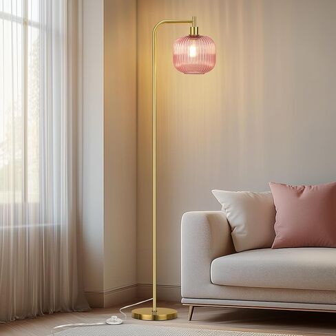 QiMH Glass Floor Lamp for Living Room, Modern Standing Lamp with Ribbed Glass Lampshade Pedal Switch, 67" Tall Lamp for Bedroom Study Room, Brushed Gold (2700K LED Bulb Included) in Kuwait
