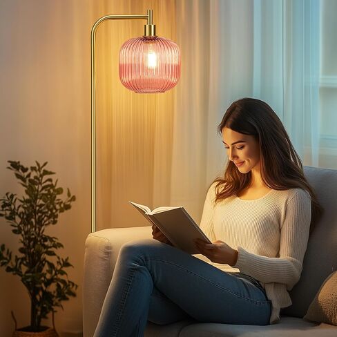 QiMH Glass Floor Lamp for Living Room, Modern Standing Lamp with Ribbed Glass Lampshade Pedal Switch, 67" Tall Lamp for Bedroom Study Room, Brushed Gold (2700K LED Bulb Included) in Kuwait