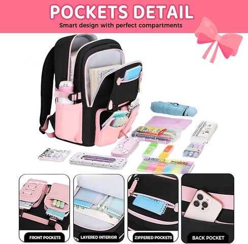 3pcs Cute Aesthetic Girls Backpack with Lunch Box Pencil Case Set, Elementary Middle High School Student Book Bag for Kids Teens, Large Capacity Kawaii Preppy Bow Tie Bookbag in Saudi Arabia