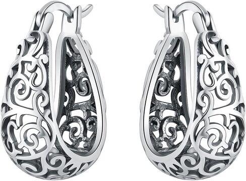 Vintage Filigree Hoop Earrings for Women Chunky Floral Flower Vines Small Huggie Dangle Earrings Lightweight Oval Hoops Sterling Silver Plated Sensitive Ear Lightweight Statement Trendy Mother Jewelry in Saudi Arabia