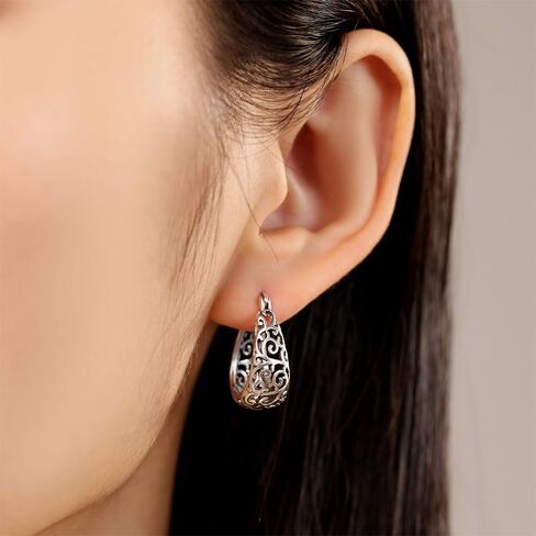 Vintage Filigree Hoop Earrings for Women Chunky Floral Flower Vines Small Huggie Dangle Earrings Lightweight Oval Hoops Sterling Silver Plated Sensitive Ear Lightweight Statement Trendy Mother Jewelry in Saudi Arabia