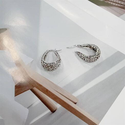Vintage Filigree Hoop Earrings for Women Chunky Floral Flower Vines Small Huggie Dangle Earrings Lightweight Oval Hoops Sterling Silver Plated Sensitive Ear Lightweight Statement Trendy Mother Jewelry in Saudi Arabia