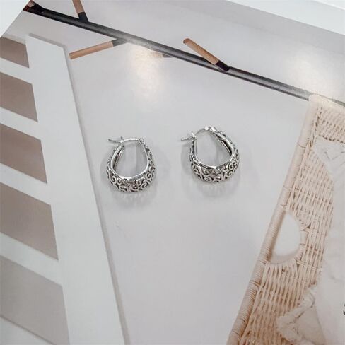 Vintage Filigree Hoop Earrings for Women Chunky Floral Flower Vines Small Huggie Dangle Earrings Lightweight Oval Hoops Sterling Silver Plated Sensitive Ear Lightweight Statement Trendy Mother Jewelry in Saudi Arabia