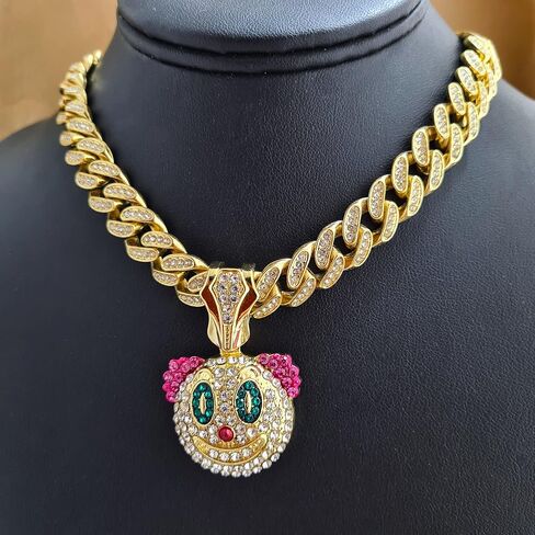 Gold Plated Clown Pendant & 13mm 16" 18" 20" 24" Iced Cuban Chain Bling Hip Hop Necklace in Saudi Arabia