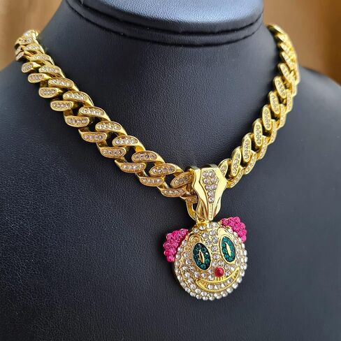 Gold Plated Clown Pendant & 13mm 16" 18" 20" 24" Iced Cuban Chain Bling Hip Hop Necklace in Saudi Arabia