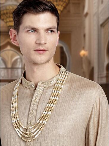 Aheli Gold Plated Beads Studded Ethnic Sherwani Maala Haar Necklace Traditional Fancy Groom's Jewellery Gift for Men in Saudi Arabia