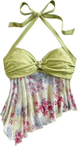 SweatyRocks Women's Floral Halter Tops Y2k Asymmetrical Ruched Sleeveless Mesh Cami Top in Saudi Arabia