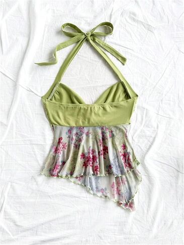 SweatyRocks Women's Floral Halter Tops Y2k Asymmetrical Ruched Sleeveless Mesh Cami Top in Saudi Arabia
