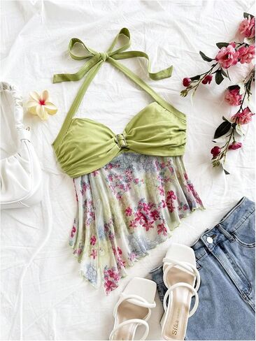 SweatyRocks Women's Floral Halter Tops Y2k Asymmetrical Ruched Sleeveless Mesh Cami Top in Saudi Arabia