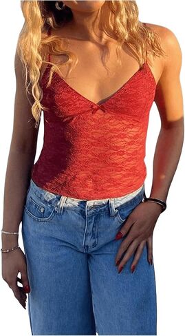 Women's Lace Sheer Crop Camisole Tops Bowknot Spaghetti Strap Going Out Top Sleeveless Coquette Shirts in Saudi Arabia