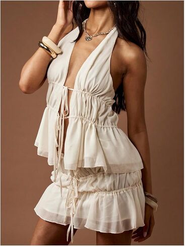 SHENHE Women's Y2k Boho Western Chiffon Halter Top Backless Tie Front Ruffle Peplum Flowy Tank in Saudi Arabia