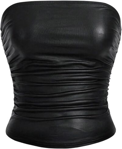 SHENHE Women's Plus Size PU Leather Ruched Strapless Tube Sleeveless Fitted Crop Bandeau Top in Saudi Arabia