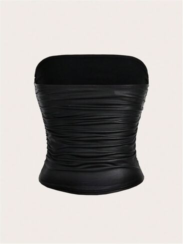 SHENHE Women's Plus Size PU Leather Ruched Strapless Tube Sleeveless Fitted Crop Bandeau Top in Saudi Arabia