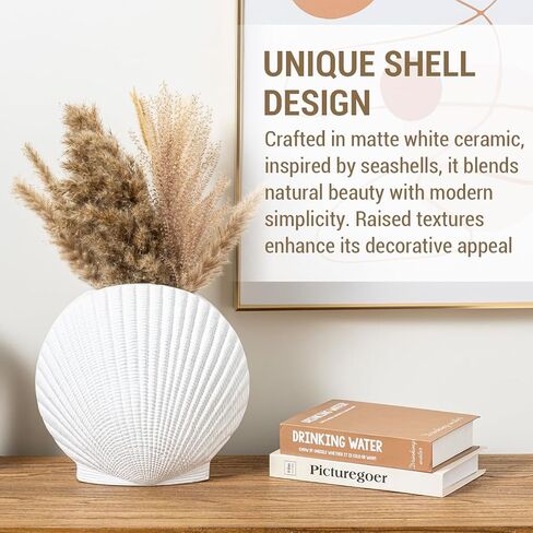 MyGift Black Ceramic Flower Vases, 10 inch Vase for Pampas Grass, Decorative Shell Shaped Vase for Living Room, Modern Aesthetic Home Decor in Saudi Arabia