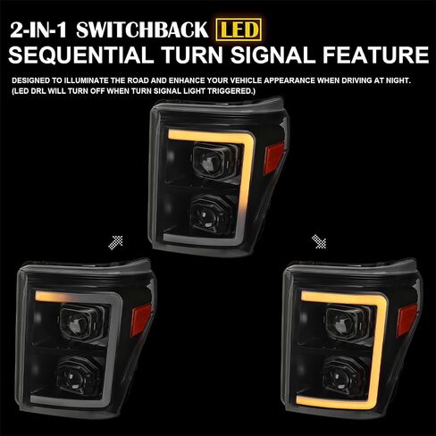 SPEC-D TUNING Chrome Projector Headlights w/Switchback Sequential LED Bar and Startup Animation Compatible with 2011-2016 Ford F250, F350, F450, F550 Super Duty, Left + Right Pair Headlamps Assembly in Saudi Arabia