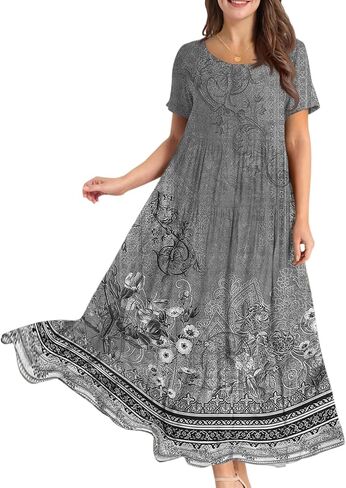 Long Maxi Dresses for Women Floral Elengant Floral 2025 Summer Short Sleeve Classy Crewneck Plus Size Dress in Saudi Arabia