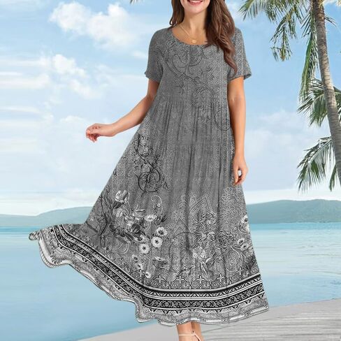 Long Maxi Dresses for Women Floral Elengant Floral 2025 Summer Short Sleeve Classy Crewneck Plus Size Dress in Saudi Arabia
