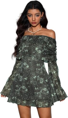 Verdusa Women's 70s Vintage Floral Off The Shoulder Dress Foldover Long Sleeve Bodycon Mini Dress in Saudi Arabia