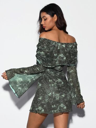 Verdusa Women's 70s Vintage Floral Off The Shoulder Dress Foldover Long Sleeve Bodycon Mini Dress in Saudi Arabia