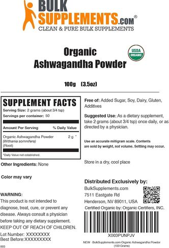 BulkSupplements.com مسحوق اشواغاندا عضوي - مكملات اشواغاندا عضوية، مصدرها جذر اشواغاندا - خالي من الغلوتين، 2 جرام لكل وجبة، 1 كجم (2.2 رطل) (عبوة من قطعة واحدة) in Saudi Arabia