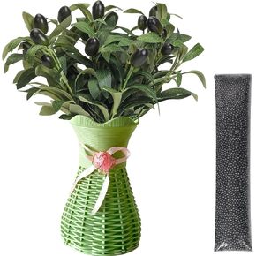 3-in-1 Faux Olive Vase Set - 8 Artificial Olive Branches with Plastic Hollow Weaved Vase and Nano Mineral Crystal Beads Odor Absorber for Indoor Air Refresh Home Kitchen Decor in Saudi Arabia