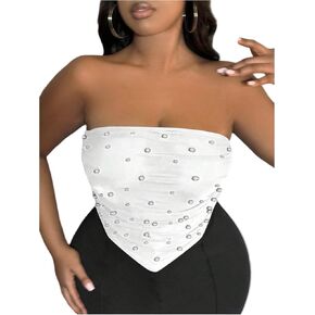 WDIRARA Women's Plus Size Pearls Beaded Mesh Tube Tops Asymmetrical Strapless Bandeau Crop Top in Saudi Arabia