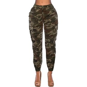 Double Denim Women's High Waist Jogger Pants - Casual Cargo Elastic Waistband Sweatpants Tapered Fatigue with 6 Pockets SCP-2049 Camo S in Saudi Arabia