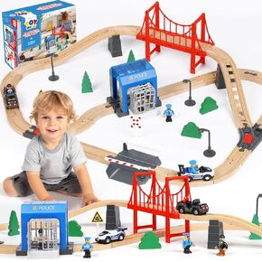 TOY Life Train Set 80pcs Train Toys with Crane & Locomotive Train, Train Set for Kids 4-8, Wooden Train Tracks Toy Train Set for Toddlers 3 4 5, Kids Train Set Gift Toy Fits Thomas, Brio Tracks in Kuwait