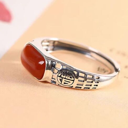 Vesppears Natural Feng Shui Red Jade for Women Genuine Yoga Open-ended Ring South Red Saddle Blessing Hollow S925 Silver in Saudi Arabia