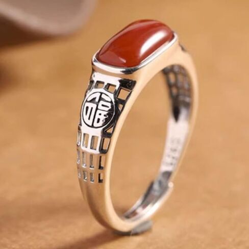Vesppears Natural Feng Shui Red Jade for Women Genuine Yoga Open-ended Ring South Red Saddle Blessing Hollow S925 Silver in Saudi Arabia