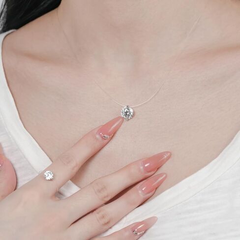 YSDD 0.5/1/2/3CT Moissanite Necklace for Women, D Color VVS1 Round Cut Moissanite Fishbone Necklace Pendant, Invisible Necklace, 925 Sterling Silver Plated 18K White Gold, Certificate Included in Saudi Arabia
