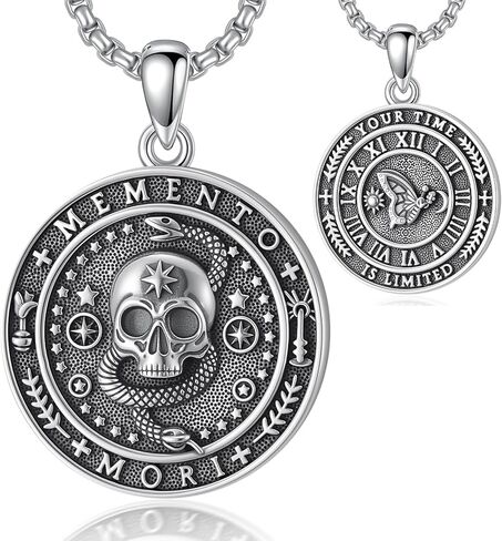 PELOVNY Memento Mori Skull Pendant Necklace 925 Sterling Silver Stoic Reminder Necklace Gothic Skull Jewelry Gifts for Men in Kuwait