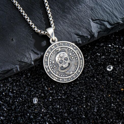 PELOVNY Memento Mori Skull Pendant Necklace 925 Sterling Silver Stoic Reminder Necklace Gothic Skull Jewelry Gifts for Men in Kuwait